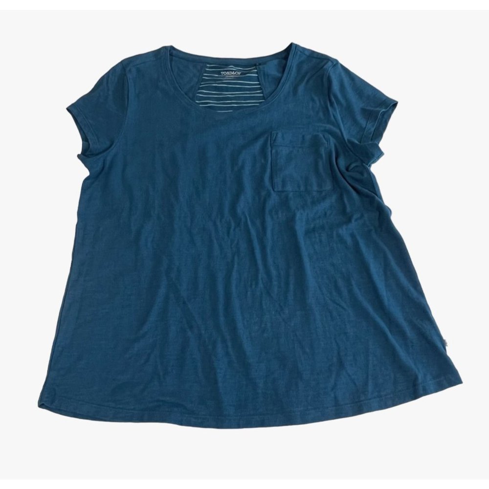 Toad & Co. Womens Sz Large Primo Short Sleeve Crew Tee Shirt Blue w/Back Stripes